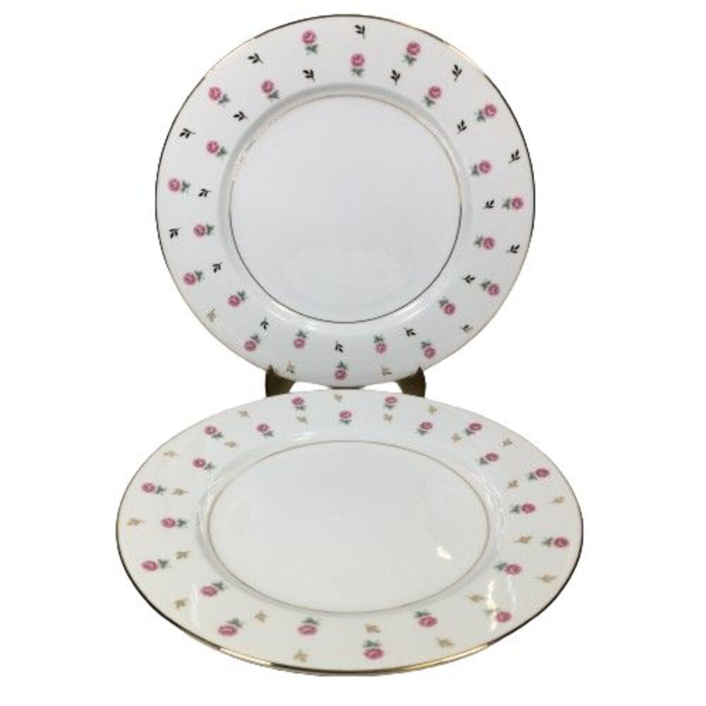 2 pc Noritake Rosalie Dinner Plates w/ Roses Rose Buds & Leaves Gold Trim 10.5"